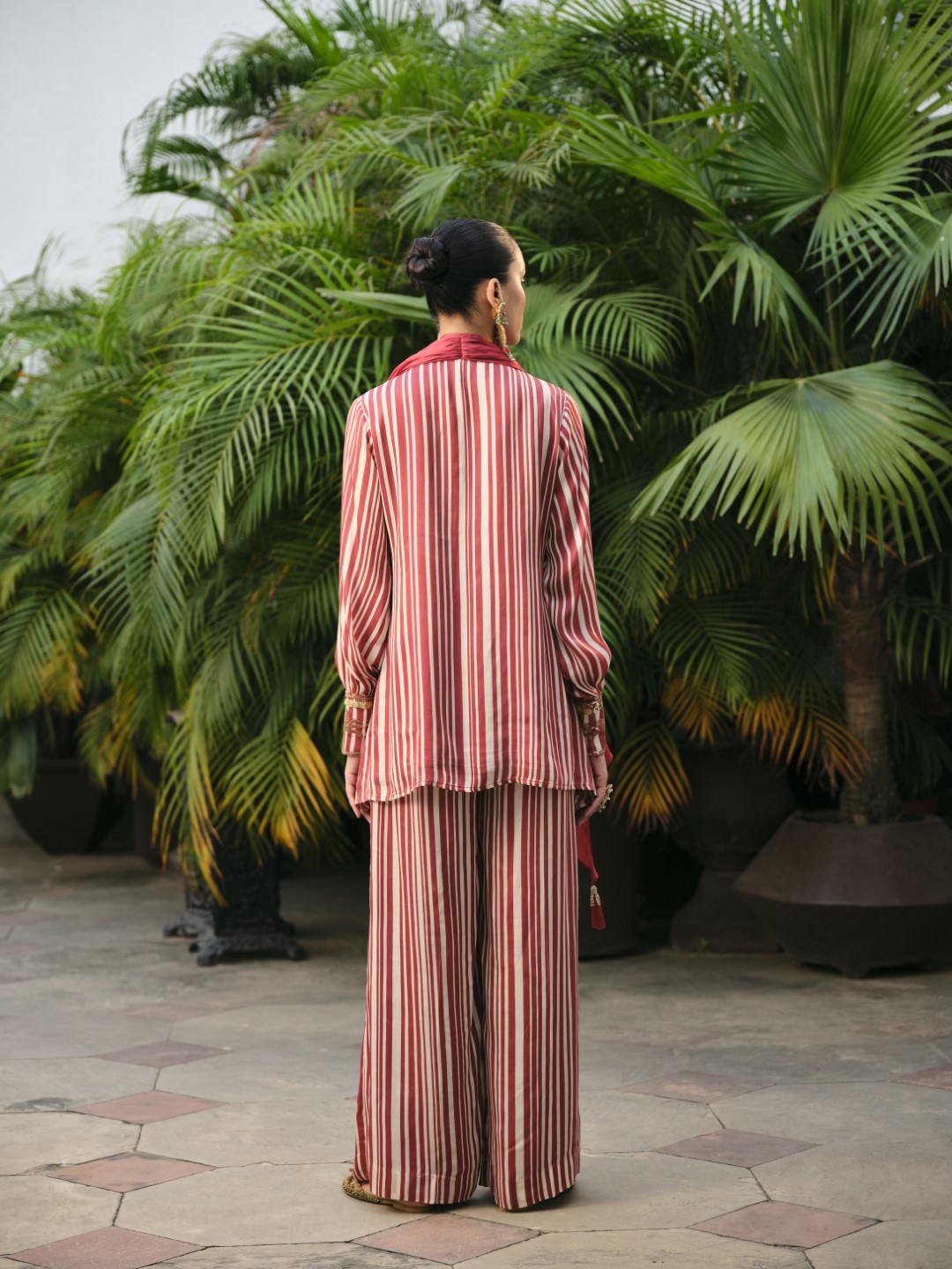 RED STRIPE DRAPE DUPATTA CO-ORD SET