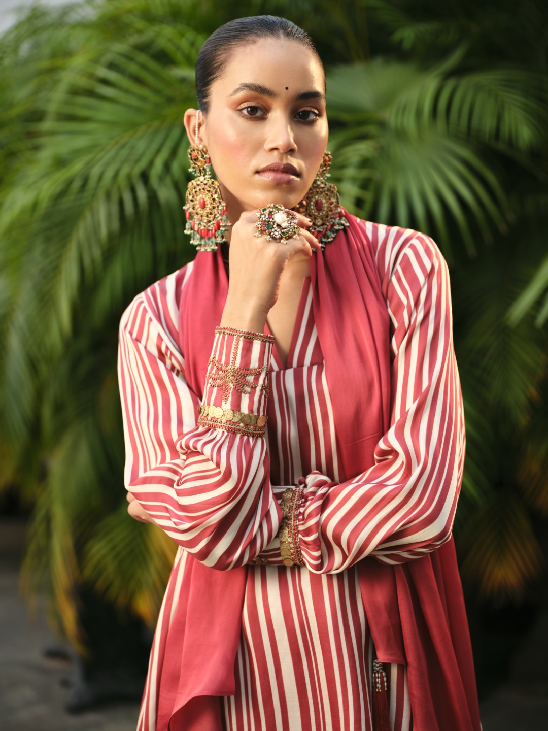 RED STRIPE DRAPE DUPATTA CO-ORD SET