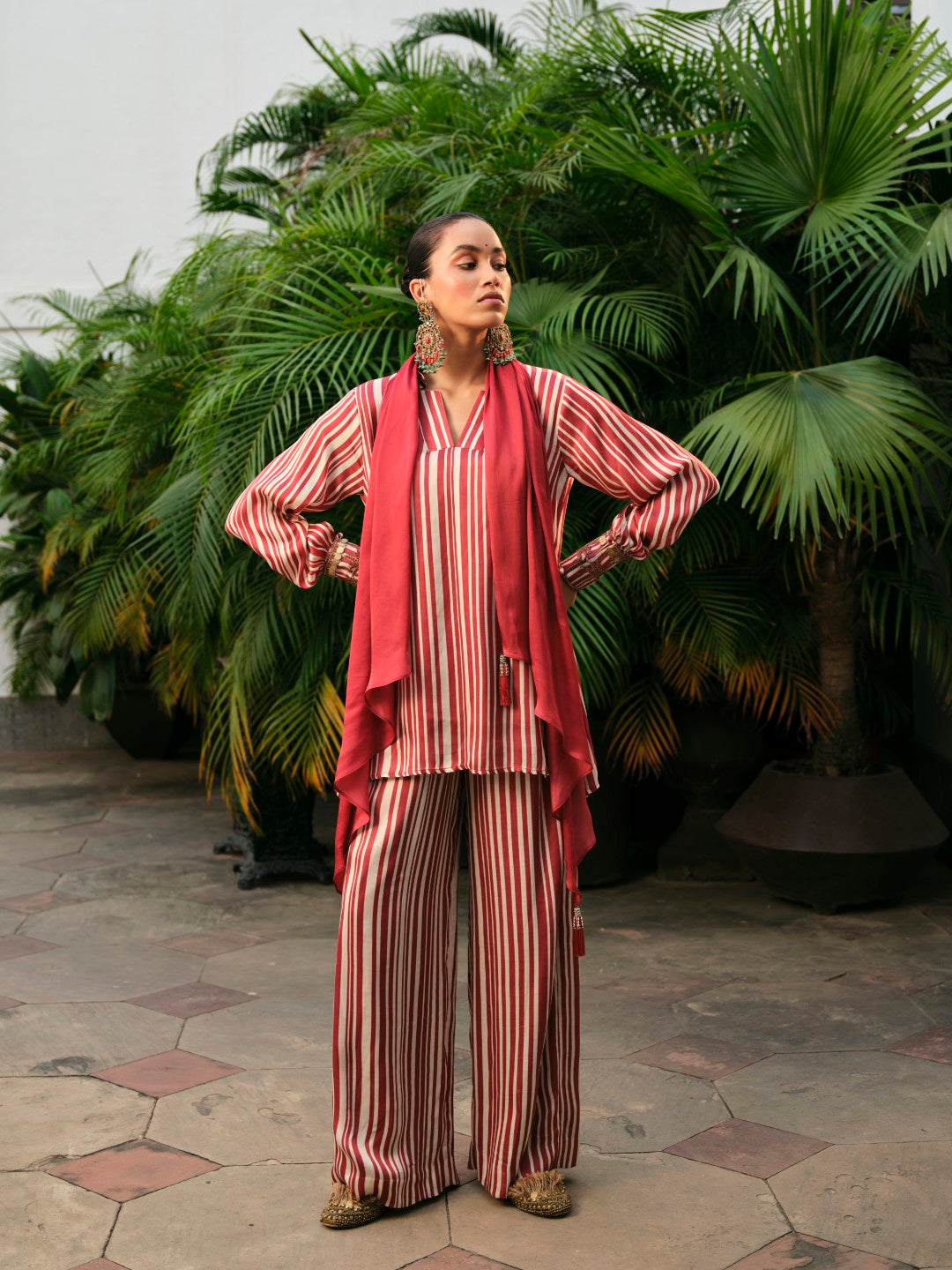 RED STRIPE DRAPE DUPATTA CO-ORD SET