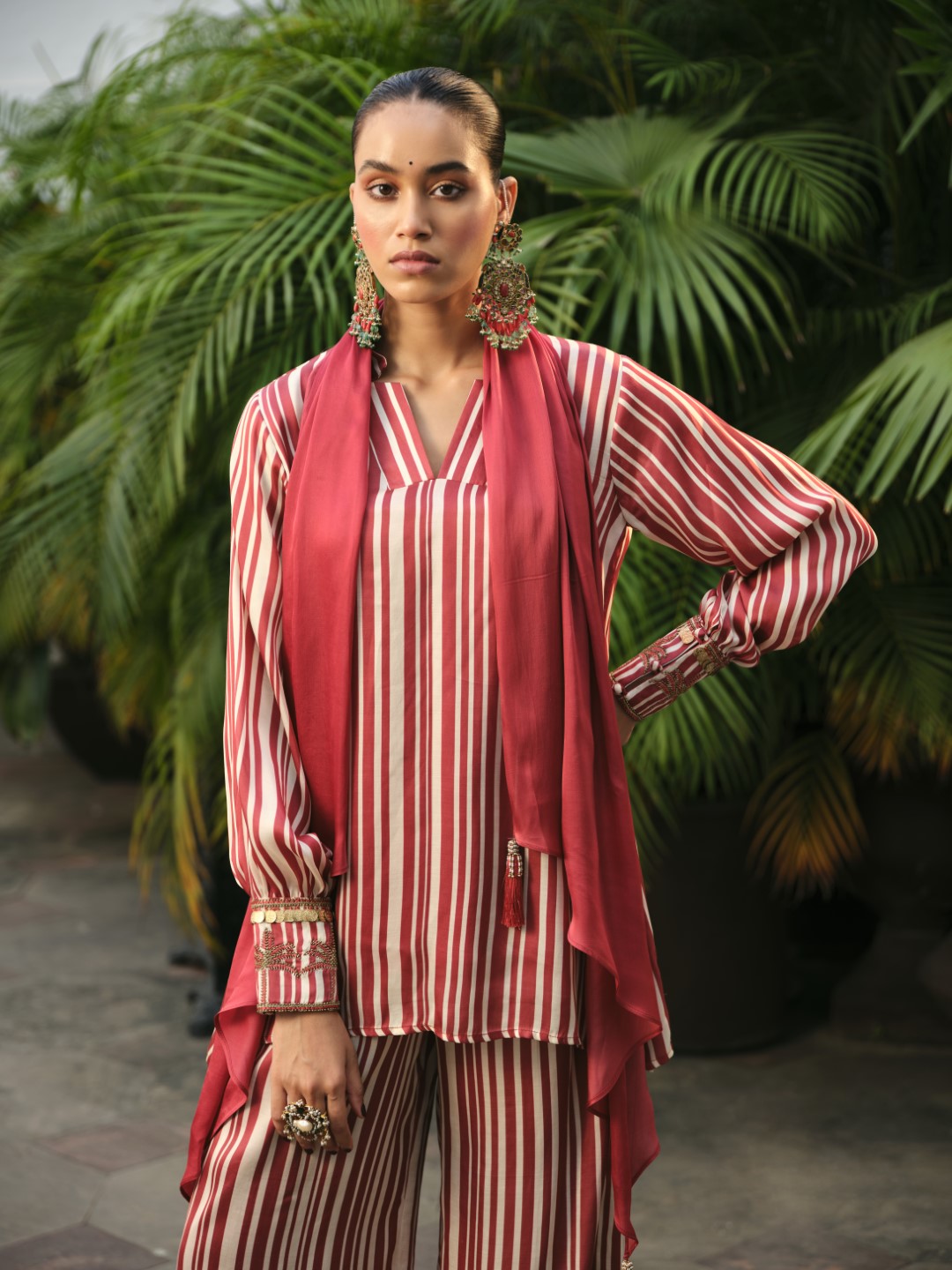 RED STRIPE DRAPE DUPATTA CO-ORD SET
