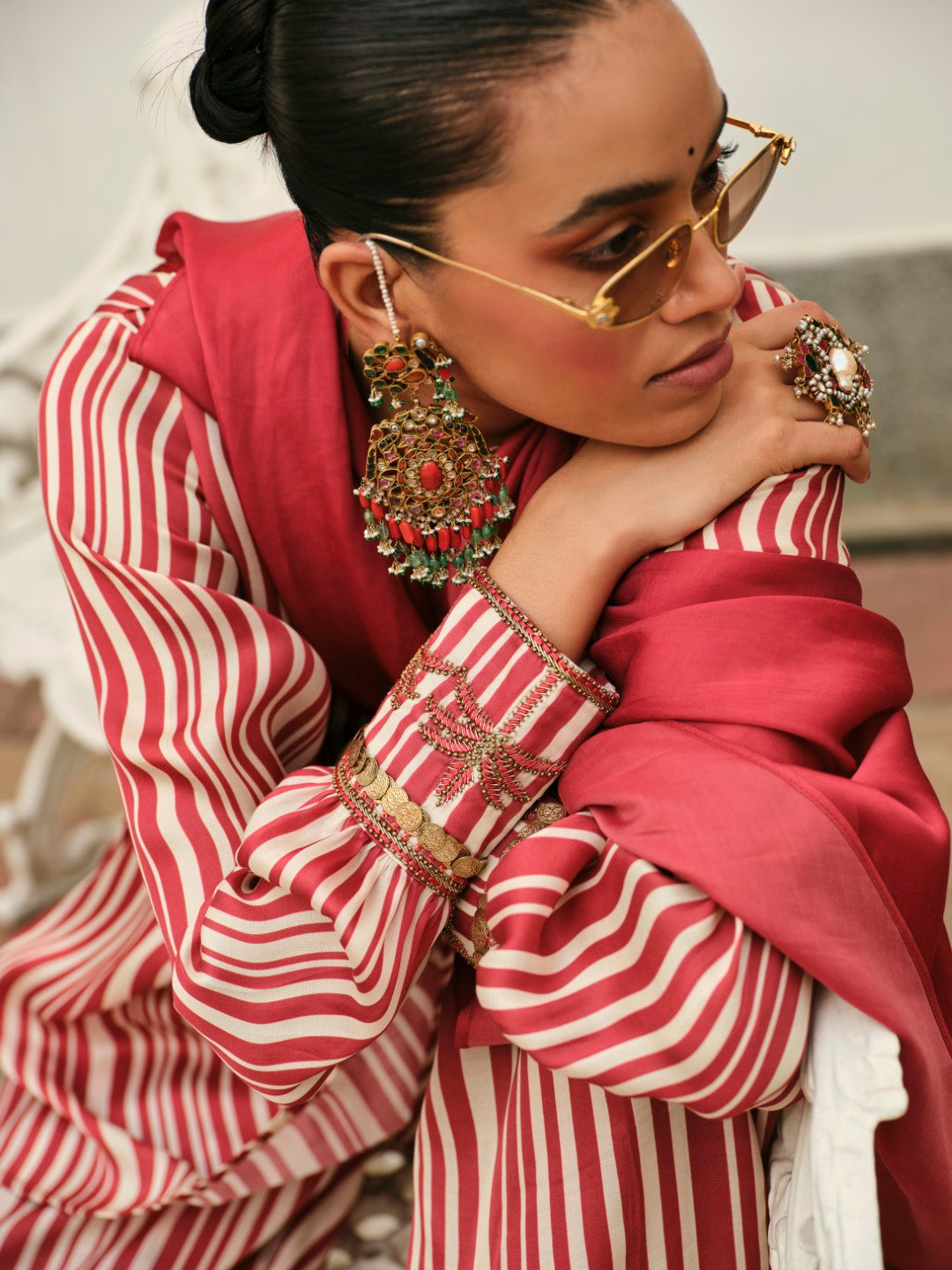 RED STRIPE DRAPE DUPATTA CO-ORD SET