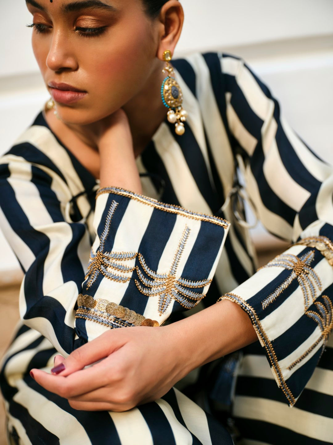 BLUE STRIPE ANGRAKHA SHIRT WITH GULDASTA PANTS