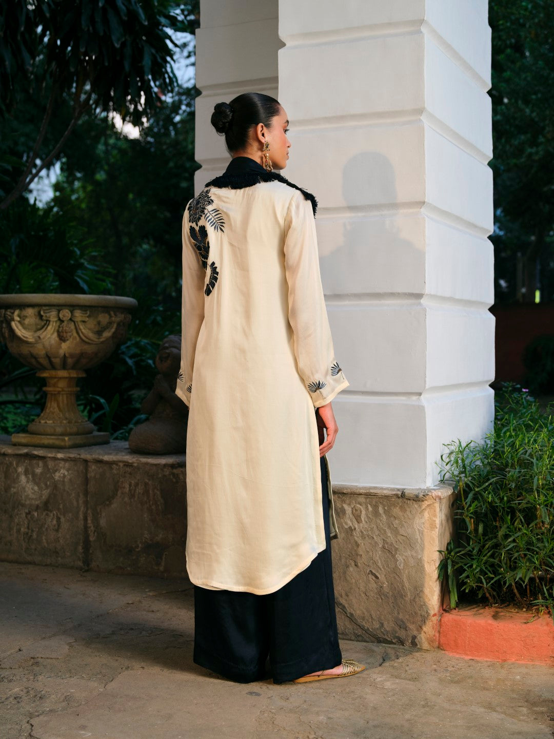 APPLIQUE LONG KURTA WITH WIDE LEGGED PANTS AND DRAPE DUPATTA